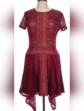 BCBGMAXAZRIA Aileen Lace Dress Burgundy Handkerchief Hi-Low Hem L NNWOT